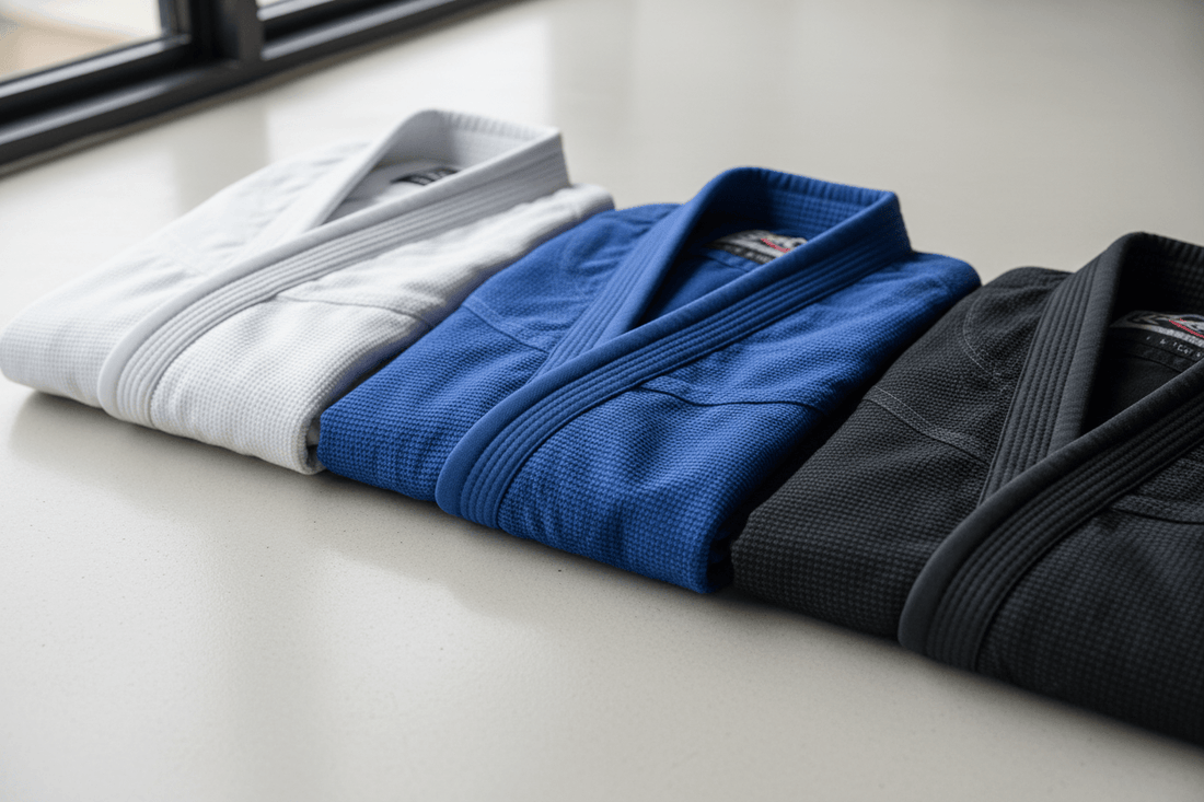 Four folded Brazilian Jiu-Jitsu Gis in white, blue, and black to help choose Brazilian Jiu-Jitsu Gi.