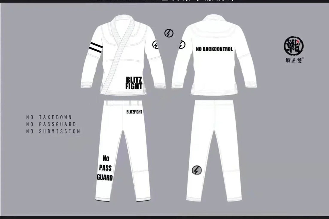 BLITZFIGHT custom white BJJ gi design mockup with jacket and pants artwork