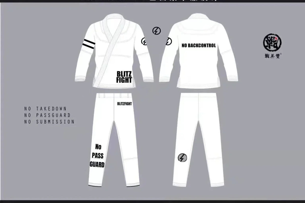 BLITZFIGHT custom white BJJ gi design mockup with jacket and pants artwork