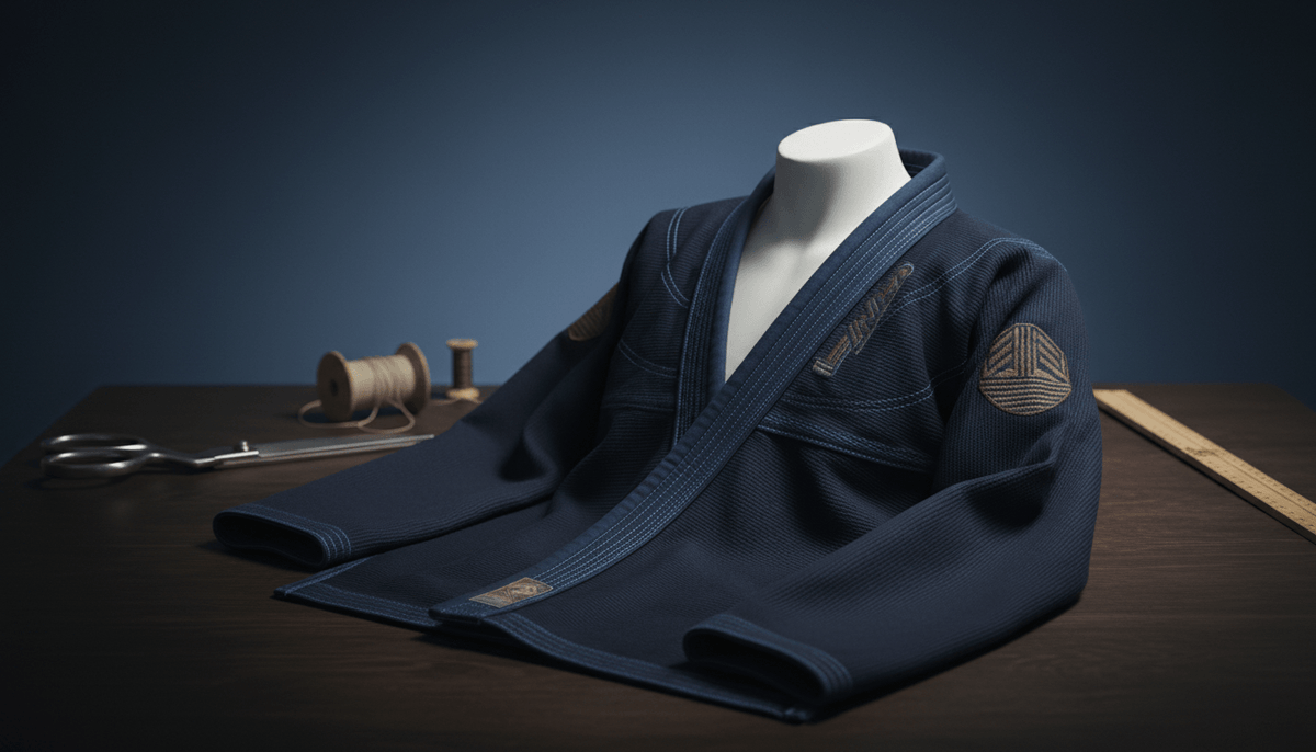 Custom BJJ gi displayed on a mannequin, showcasing high-quality fabric and craftsmanship details.