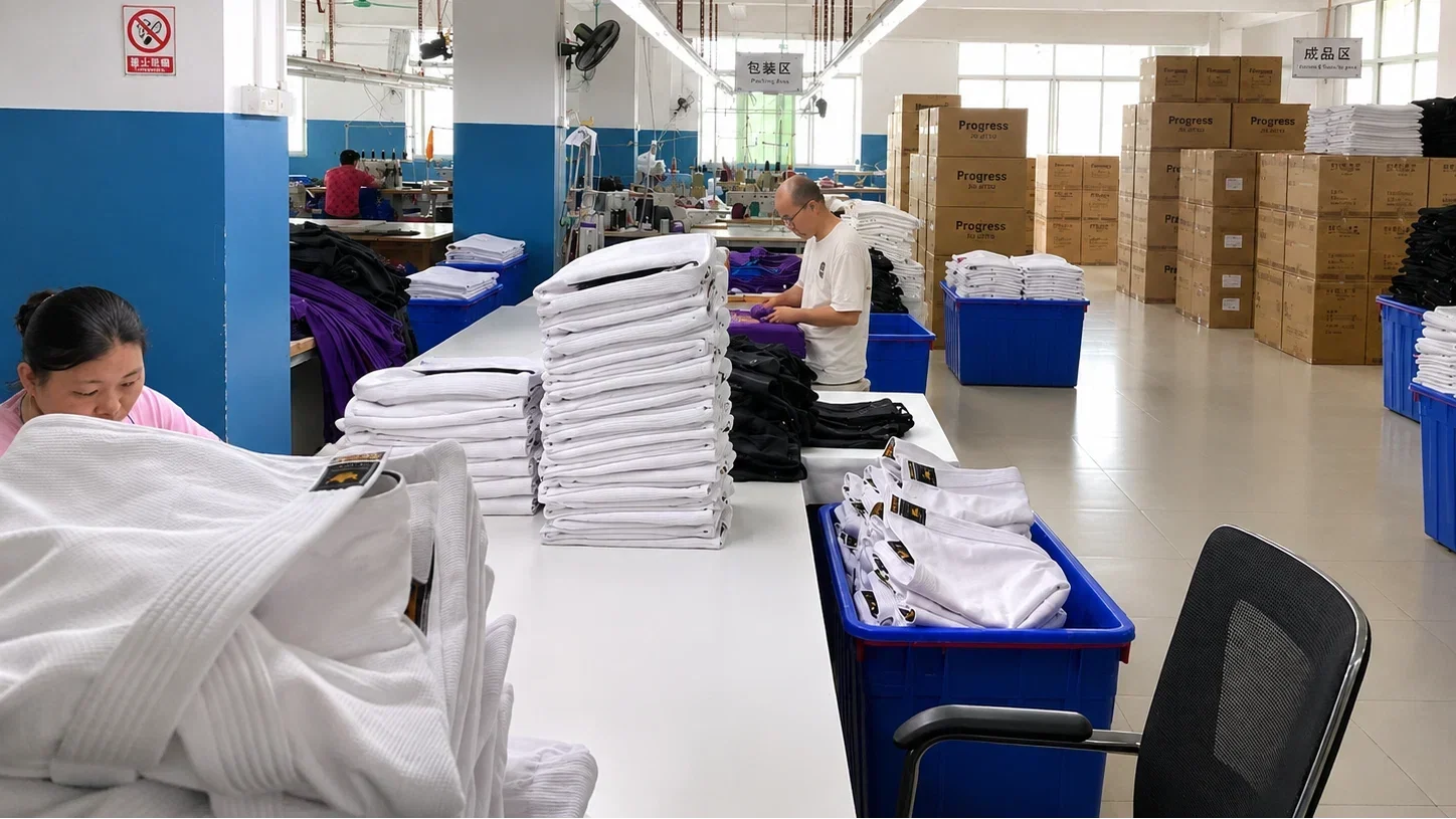 Inside the BLITZFIGHT Factory showing BJJ Gis and staff working on production.