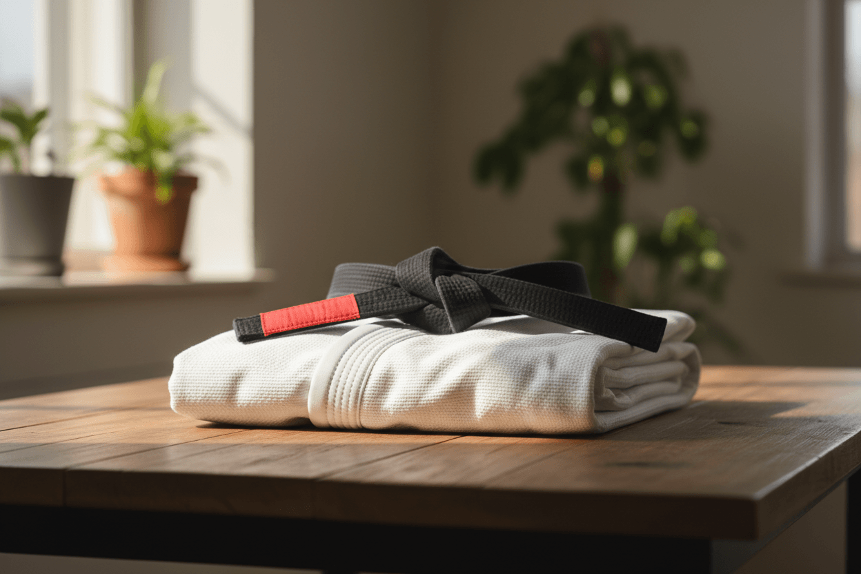BJJ gi OEM guide featuring a folded gi and black belt on a wooden table with sunlight.