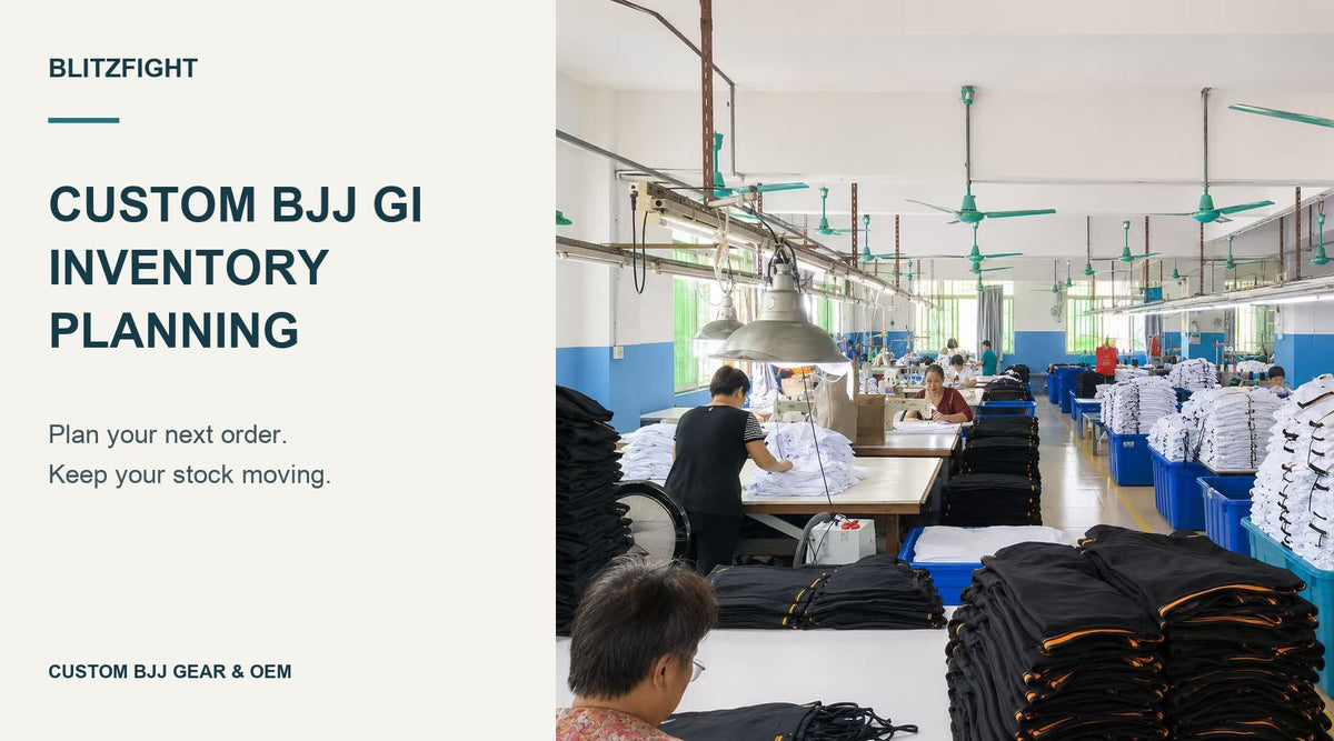 Custom BJJ Gi inventory planning cover featuring workers and stacks of Gis in the BLITZFIGHT production workshop.