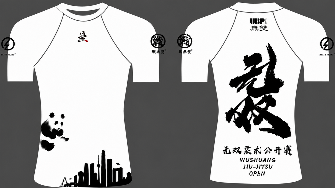 White custom BJJ rash guard design mockup with front and back sublimation artwork
