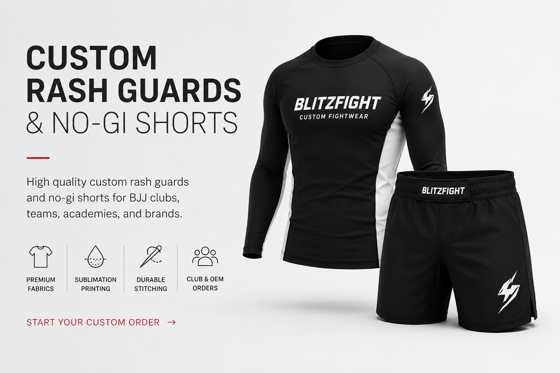 Custom BJJ Rash Guard: What to Confirm Before Production featuring custom rash guards and no-gi shorts.
