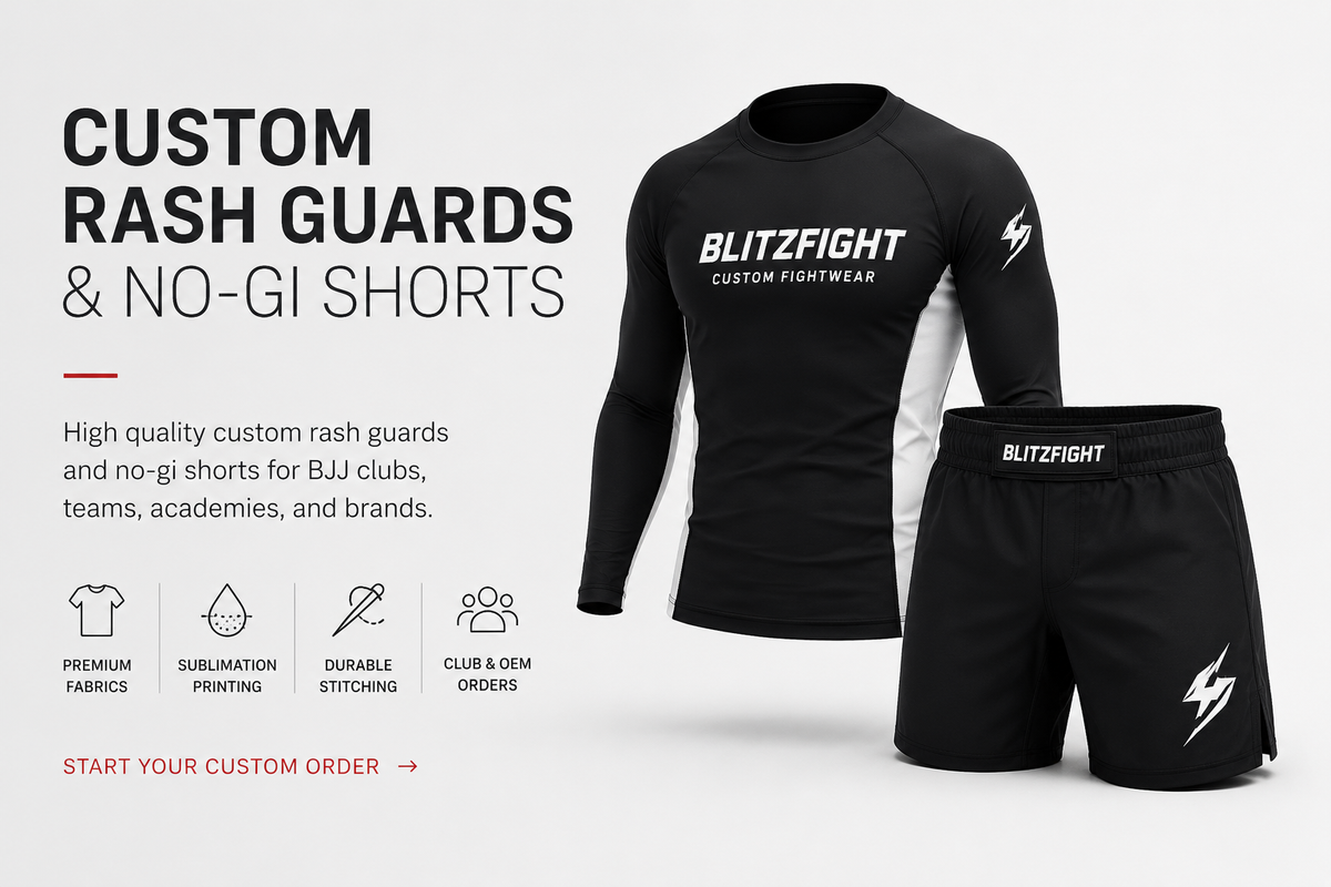 Custom BJJ Rash Guard: What to Confirm Before Production featuring custom rash guards and no-gi shorts.