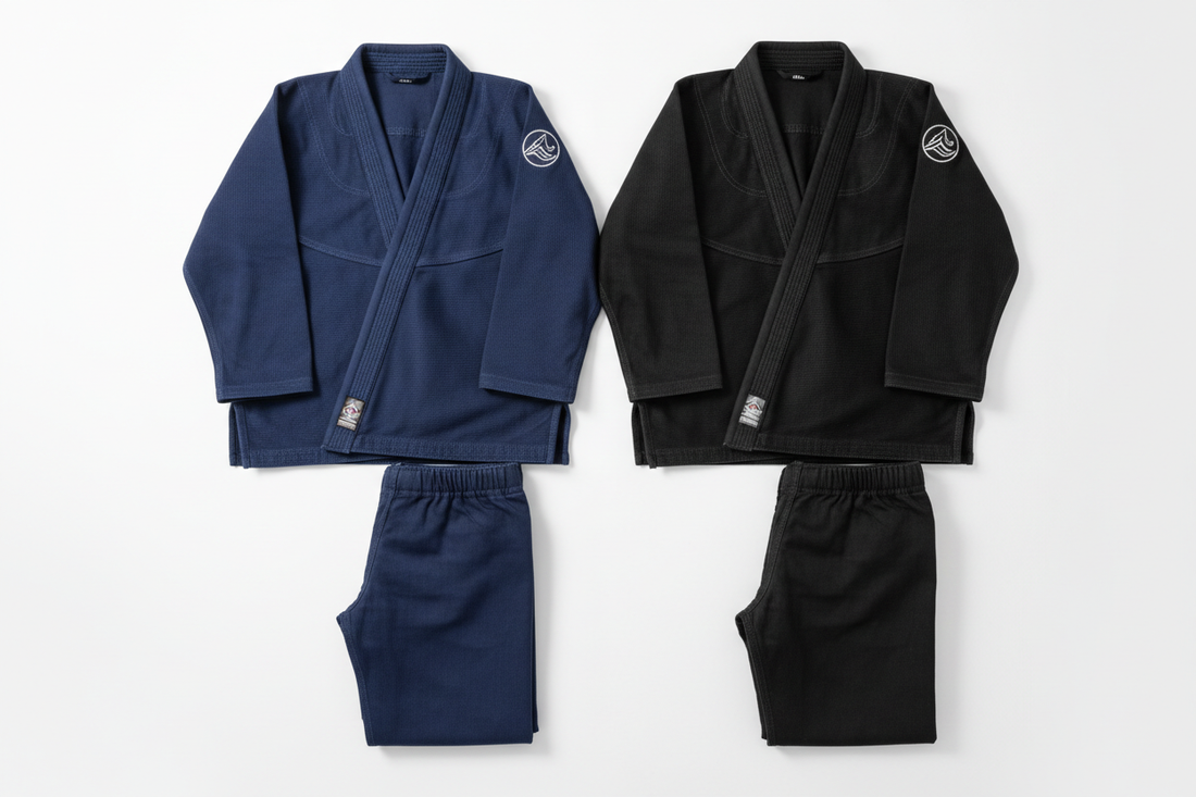 BJJ Gi Colour & Dyeing Process: What Happens Behind the Fabric with black and blue gi sets on display.
