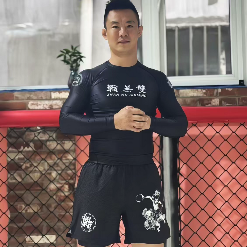 No-Gi Rash Guards & Shorts worn by a male model showcasing training gear for Brazilian Jiu-Jitsu and grappling.