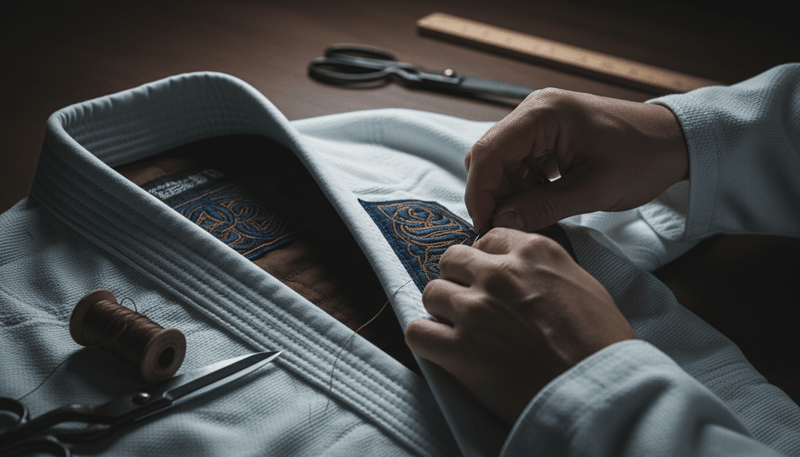 Custom sample orders for rash guards and gis, showcasing stitching details on a BJJ gi.
