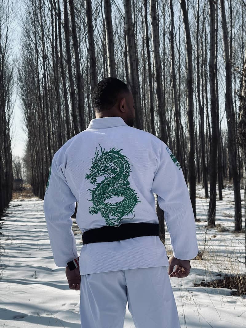 ZHAN Year of the Dragon Limited Edition BJJ Gi featuring a green dragon design on the back.