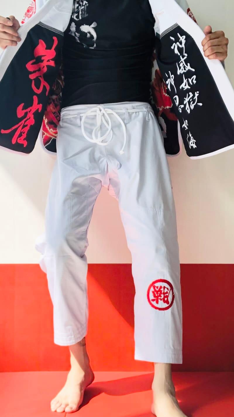 ZHAN Vermilion Phoenix BJJ Gi displayed by a person, showcasing phoenix-themed artwork and embroidery.