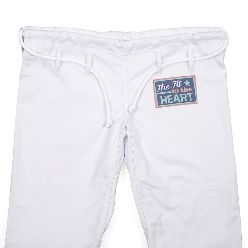 ZHAN Basic Women's BJJ Gi: Embrace Elegance & Performance white Gi pants with adjustable drawstring and logo.