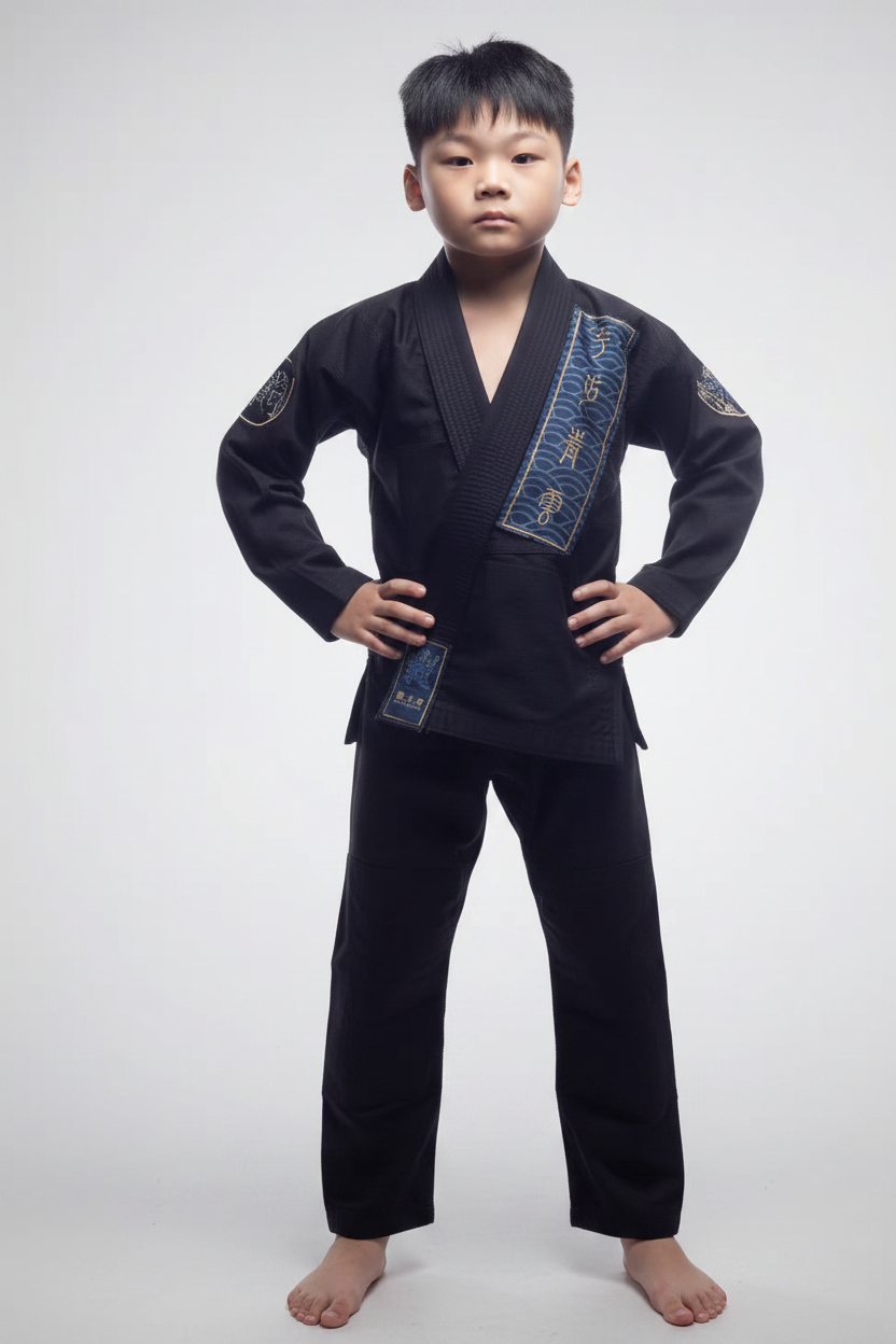ZHAN Kids Lightweight BJJ Gi – Qingyun Design in black with intricate details, perfect for young martial artists.
