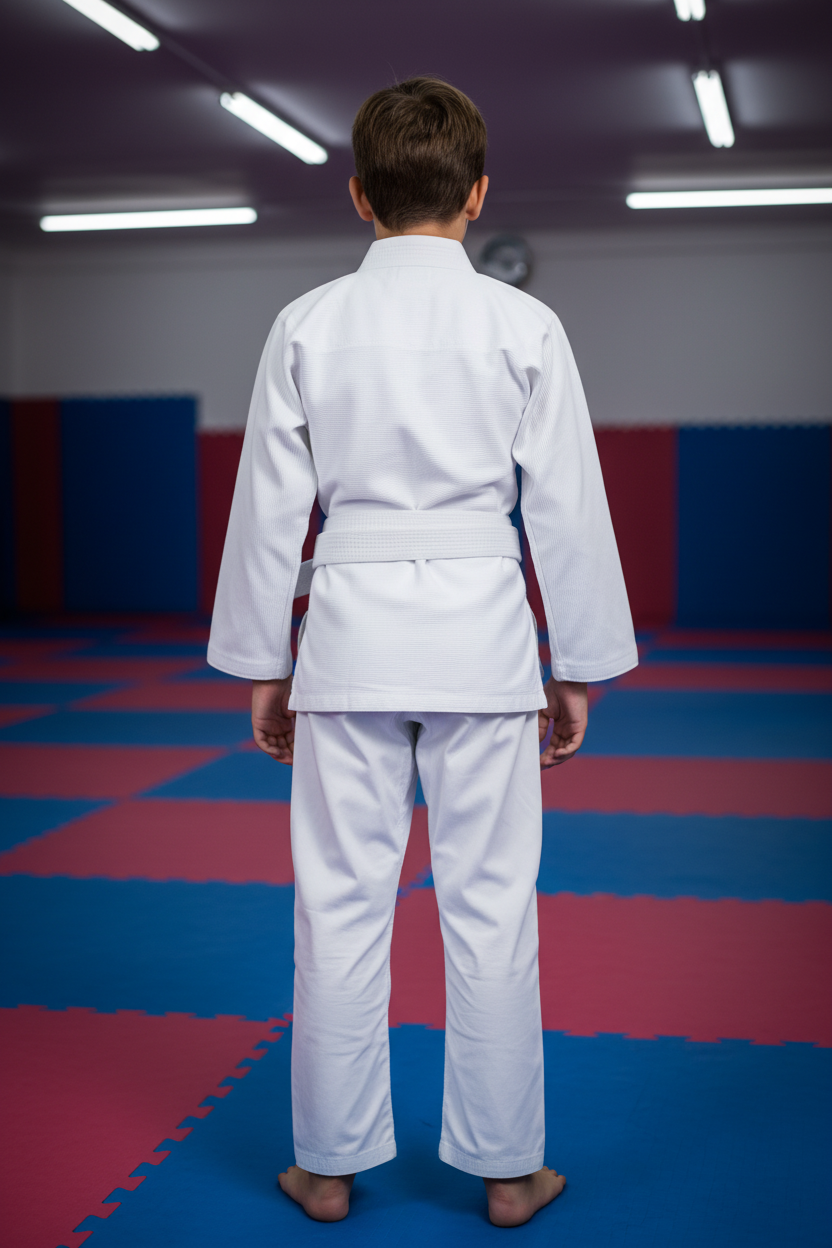 Child wearing BLITZ Kids Basic BJJ Gi, standing on a colorful mat in a training dojo.