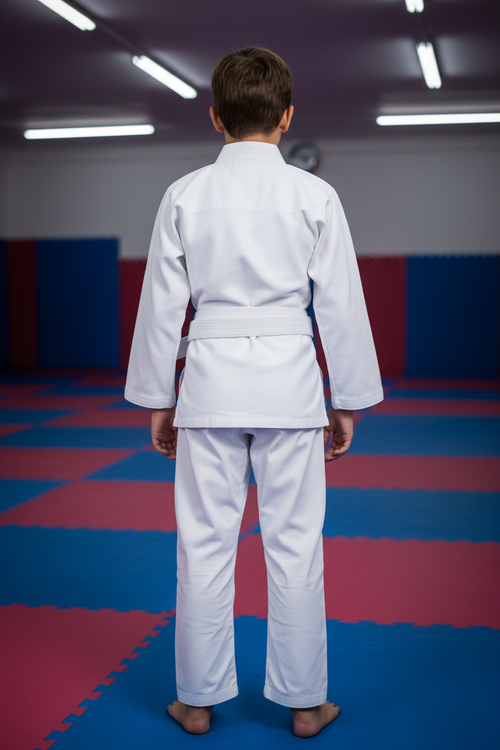 Child wearing BLITZ Kids Basic BJJ Gi, standing on a colorful mat in a training dojo.
