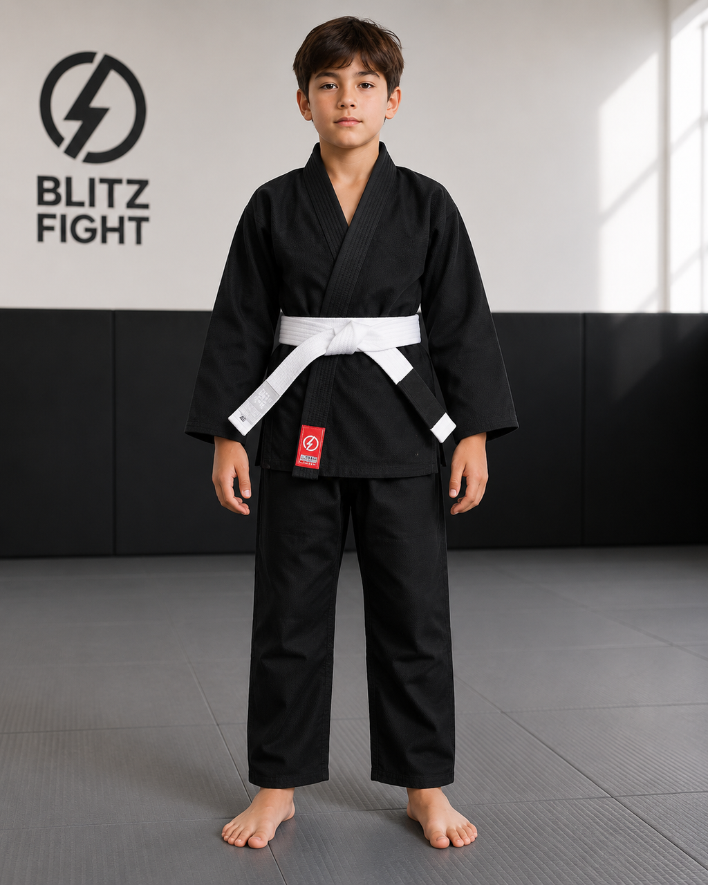 A child wearing the BLITZ Kids Basic BJJ Gi with a white belt, standing on a mat in a training space.