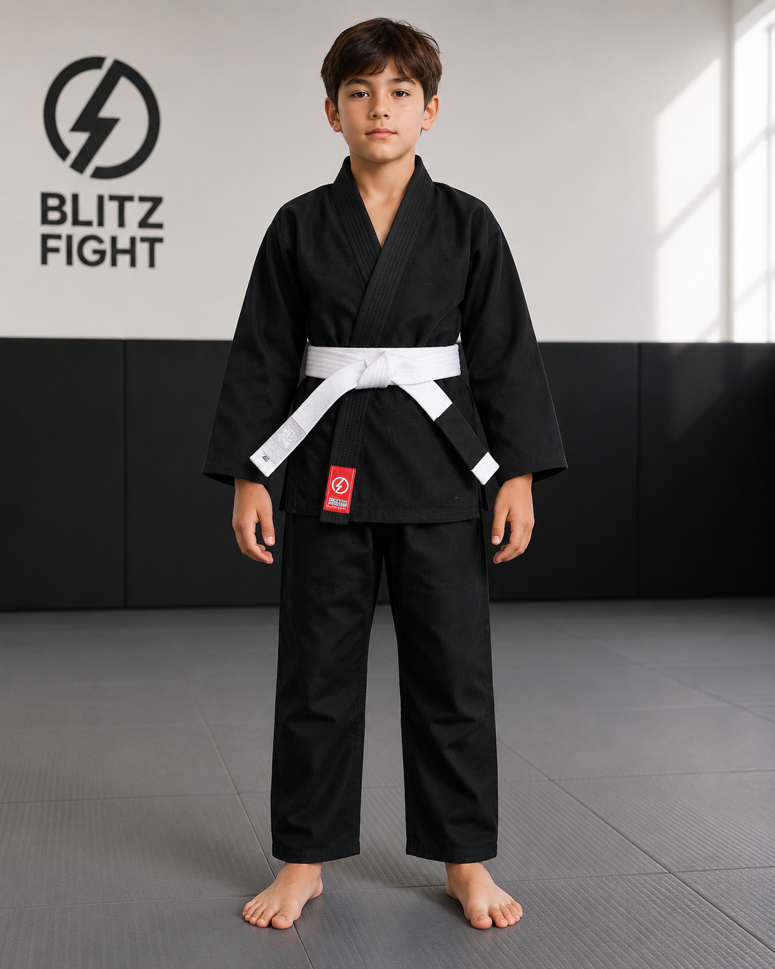 A child wearing the BLITZ Kids Basic BJJ Gi with a white belt, standing on a mat in a training space.