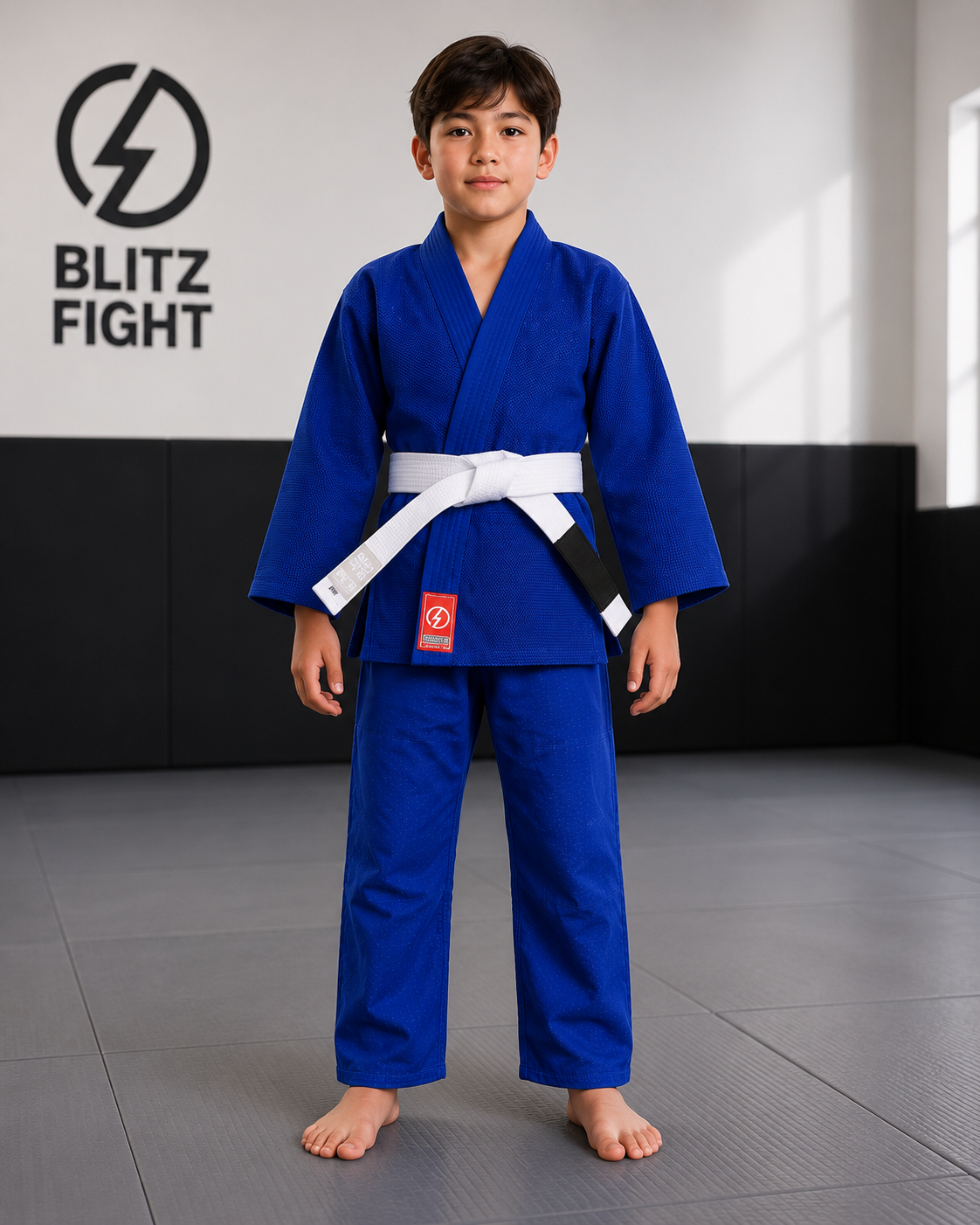 A young boy wearing the BLITZ Kids Basic BJJ Gi in blue with a white belt, standing in a training gym.