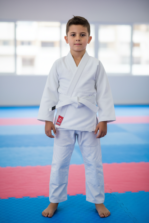 BLITZ Kids Basic BJJ Gi worn by a young boy in a martial arts training environment, showcasing simplicity and comfort.
