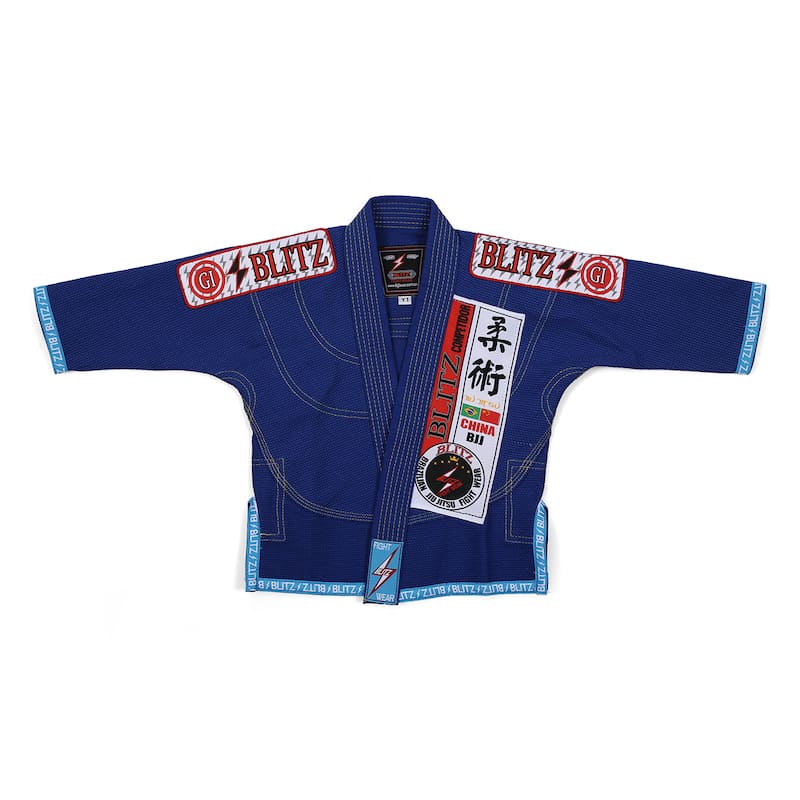 BLITZ Kids Classic BJJ Gi: Tradition & Excellence in blue, featuring embroidered designs and logos.