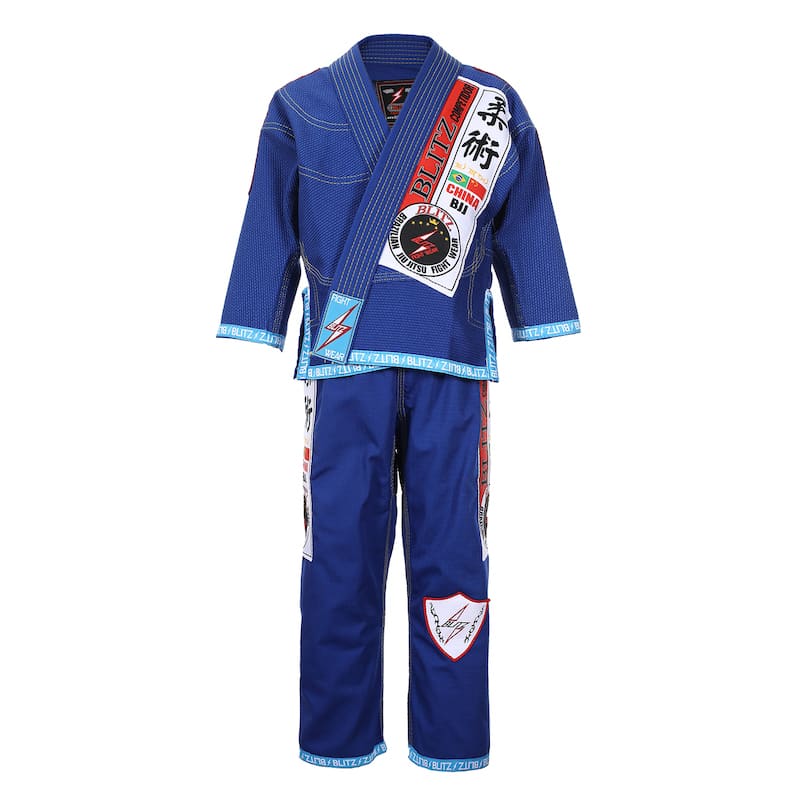 BLITZ Kids Classic BJJ Gi: Tradition & Excellence featuring blue jacket and pants with embroidered designs.