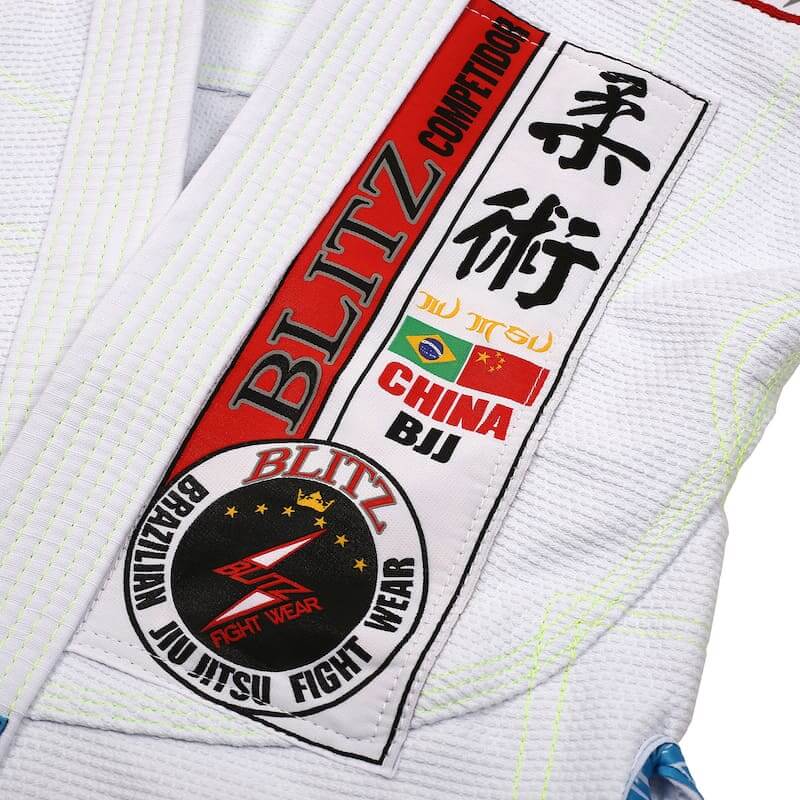 BLITZ Kids Classic BJJ Gi: Tradition & Excellence detailing the embroidered patches and labels.