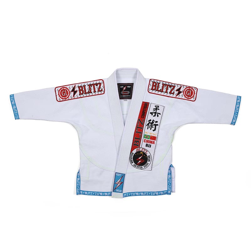 BLITZ Kids Classic BJJ Gi: Tradition & Excellence, showcasing the white gi with colorful embroidery and patches.