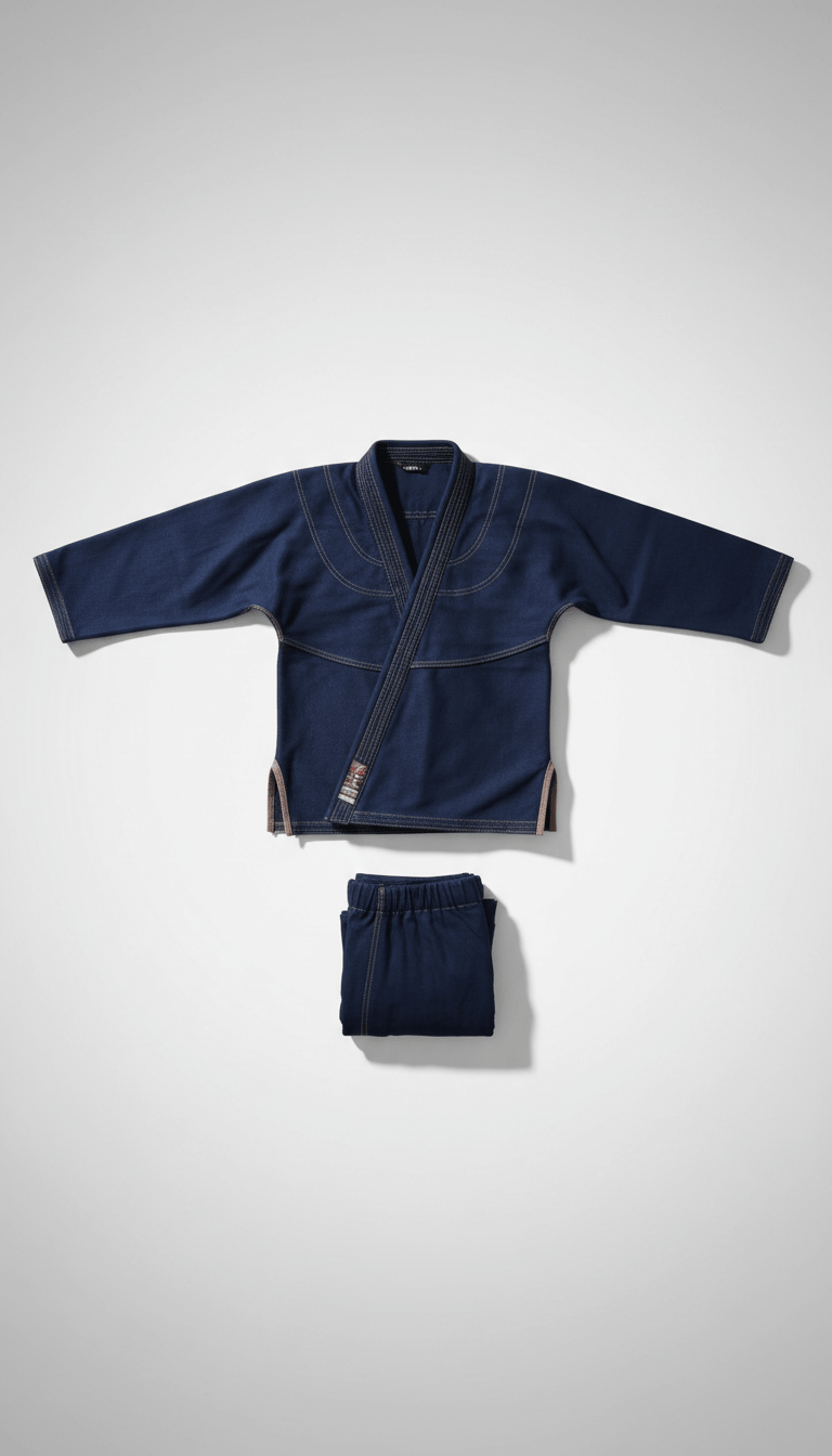 Custom BJJ Gi Sample | OEM & Club Gi Manufacturing - navy blue gi with pants displayed on a neutral background.