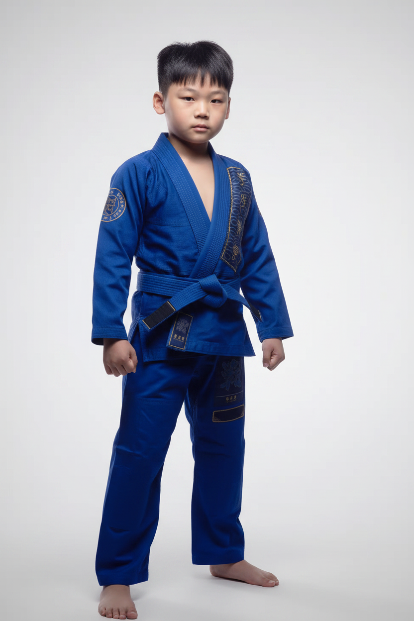 ZHAN Kids Lightweight BJJ Gi – Qingyun Design in blue, featuring Chinese-inspired details and a young martial artist model.