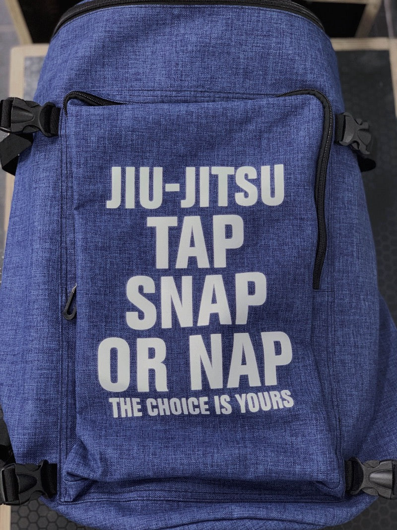 Ultimate BJJ Backpack: Spacious & Durable Gear Bag for Martial Artists with Jiu-Jitsu graphic on front.