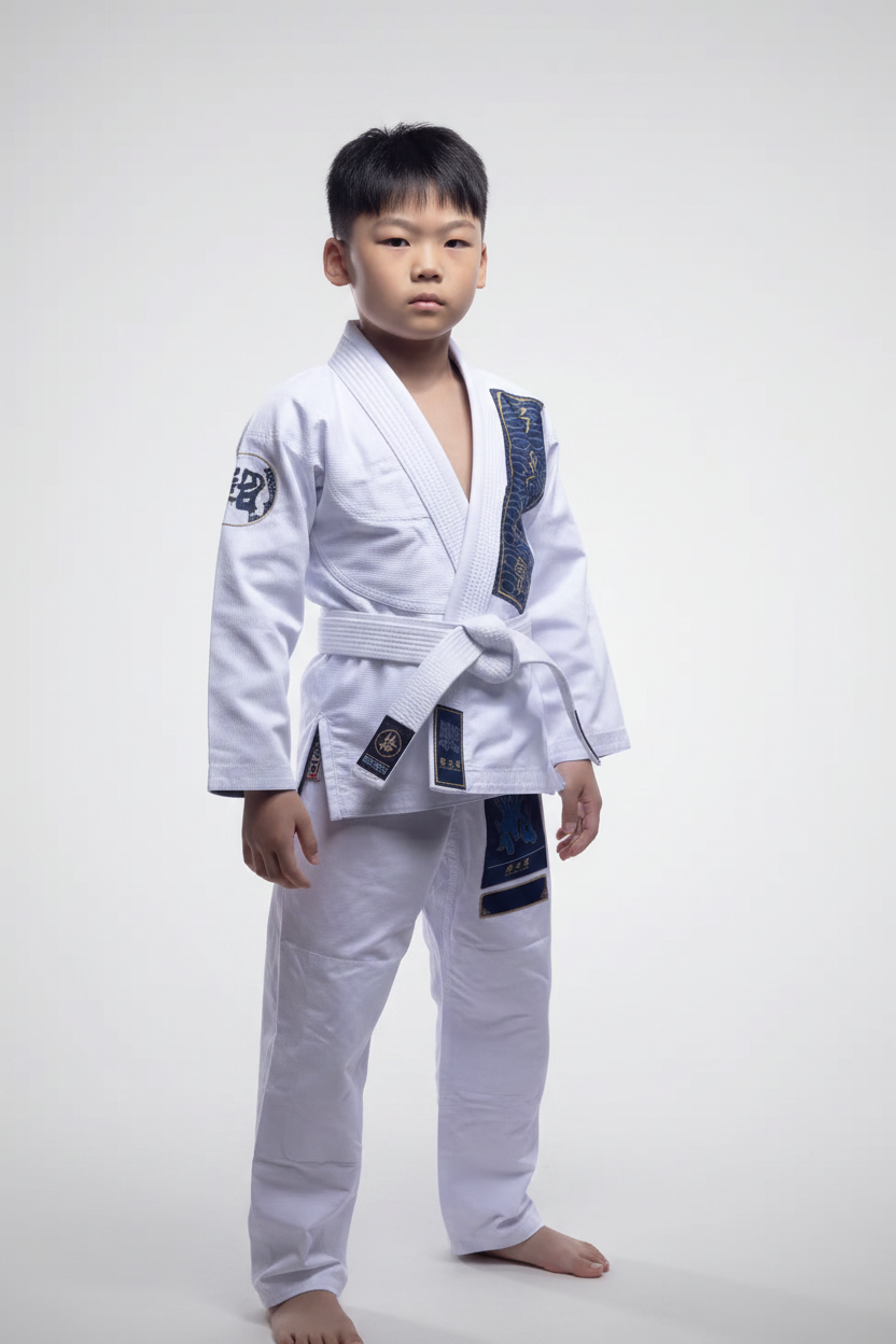 ZHAN Kids Lightweight BJJ Gi – Qingyun Design, featuring a Chinese-inspired design, perfect for young martial artists.