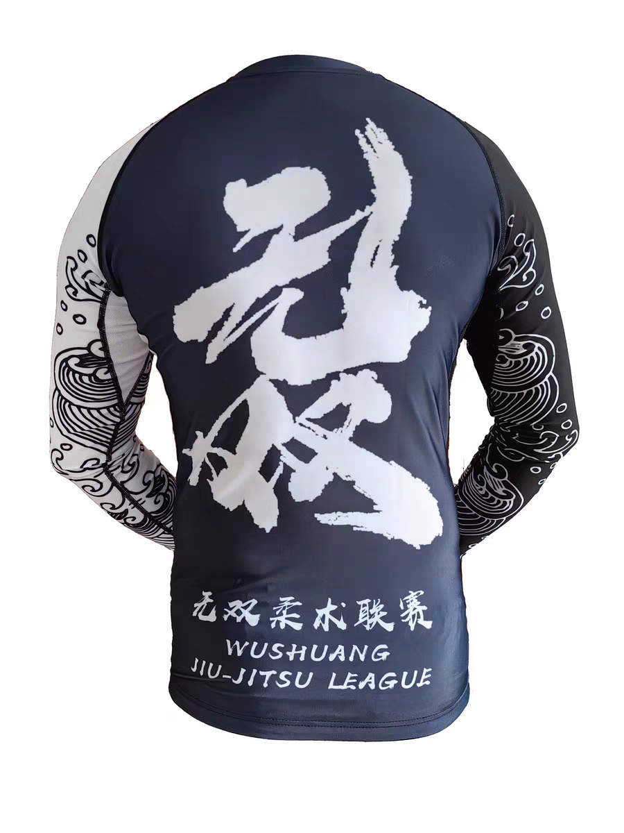 ZHAN Koi Wave Long Sleeve BJJ Rash Guard featuring unique design and high-performance fabric for grappling.