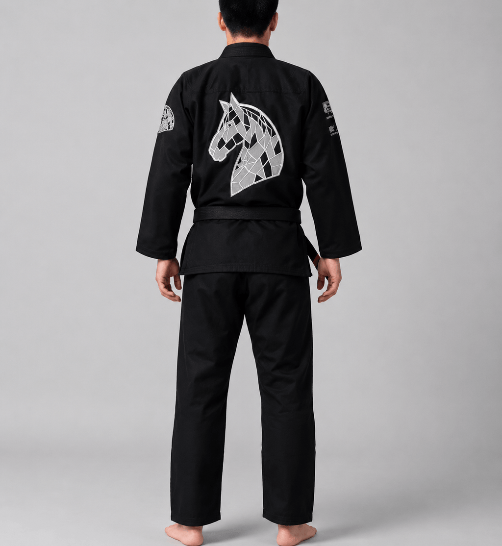 Year of the Horse Limited Edition Bamboo BJJ Gi featuring bold silver-grey horse artwork on the back.