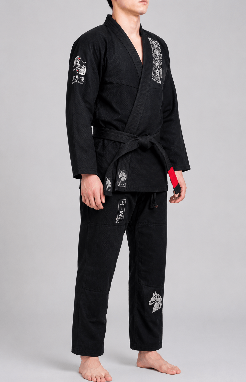 Year of the Horse Limited Edition Bamboo BJJ Gi in black with silver-grey horse design and warrior-horse illustration.