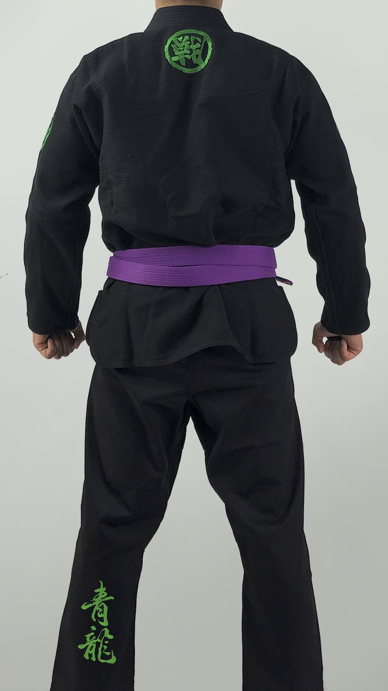 Back view of a person wearing the ZHAN Azure Dragon BJJ Gi with green embroidery and a purple belt.