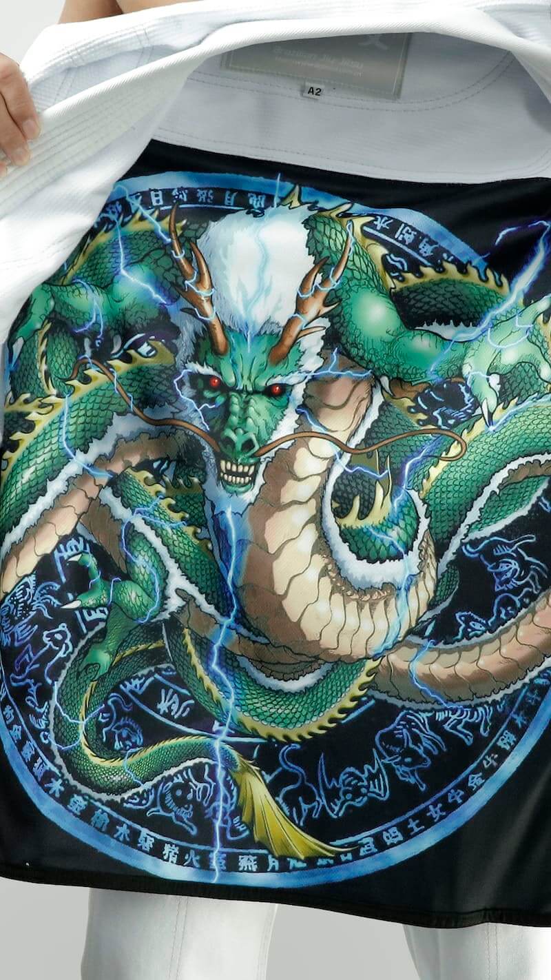 ZHAN Azure Dragon BJJ Gi featuring detailed dragon artwork and embroidery, showcasing strength and protection.