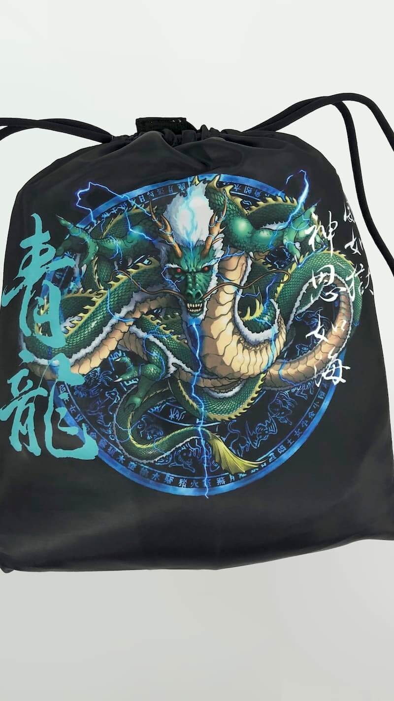 ZHAN Azure Dragon BJJ Gi drawstring bag featuring intricate dragon artwork and Eastern symbols.