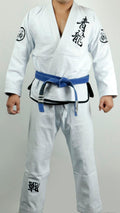ZHAN Azure Dragon BJJ Gi featuring dragon-themed artwork and a blue belt for martial arts training.