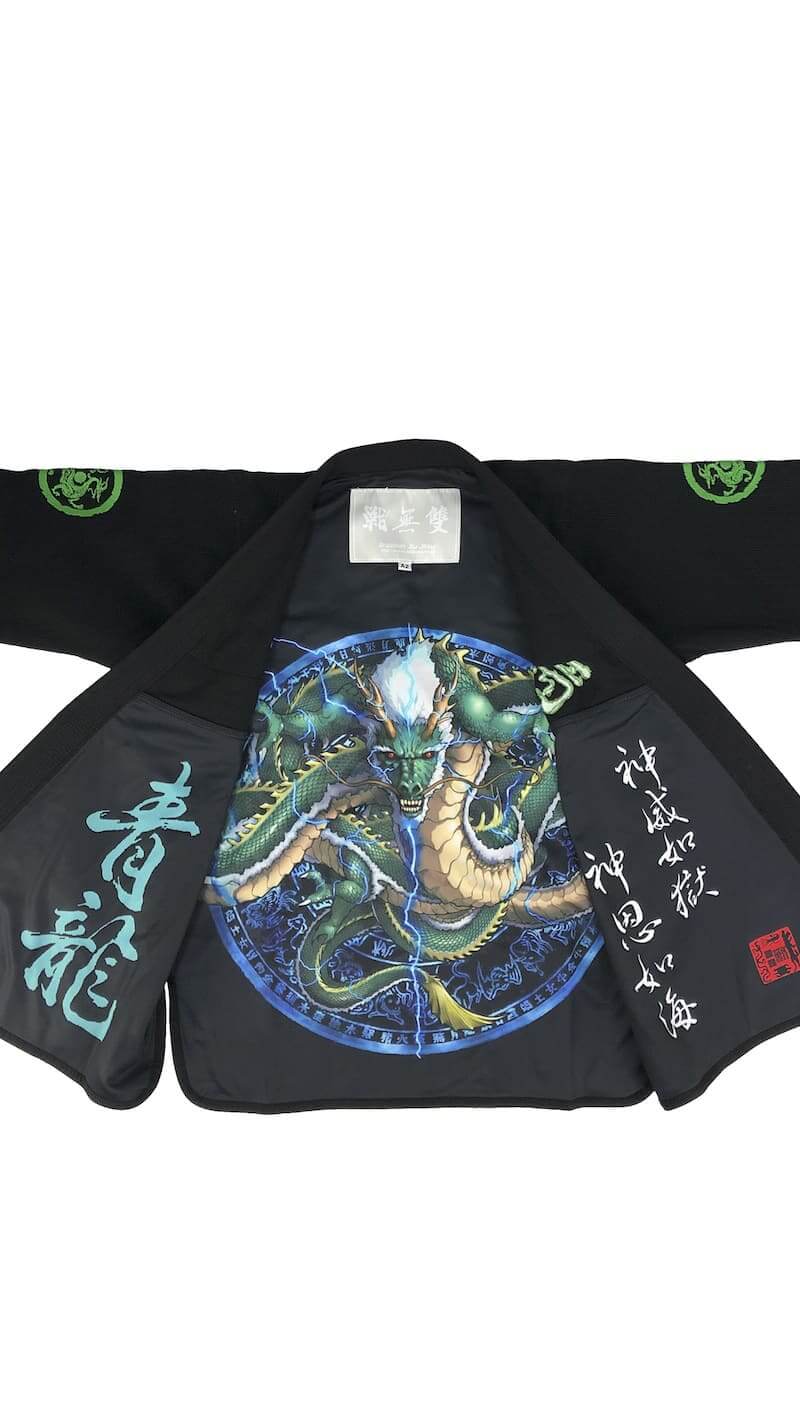 ZHAN Azure Dragon BJJ Gi featuring intricate dragon-themed artwork and embroidery.