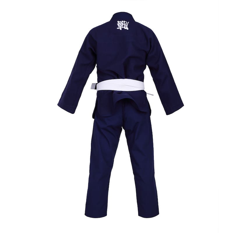 ZHAN Basic Men's BJJ Gi: Master Simplicity & Comfort. Back view of a navy blue BJJ Gi with white belt.
