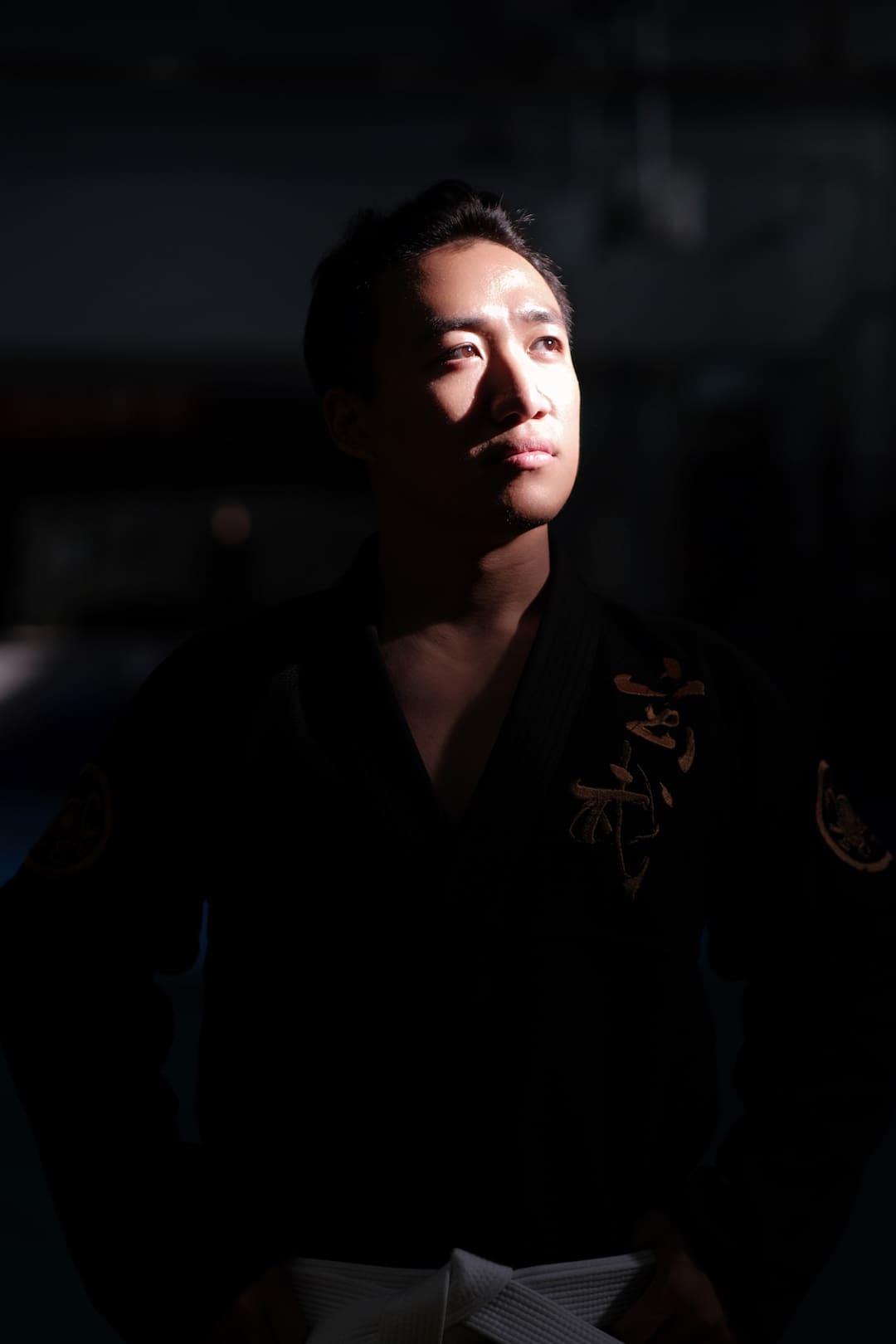 Person wearing ZHAN Black Tortoise BJJ Gi, showcasing the unique design and craftsmanship in a dramatic lighting setting.