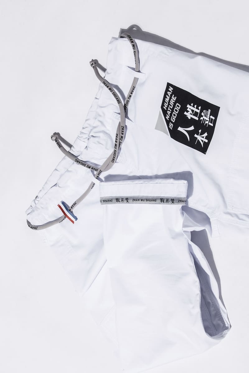 ZHAN Good vs Evil BJJ Gi showcasing a minimalist design and contrasting elements, highlighting the theme of inner conflict.