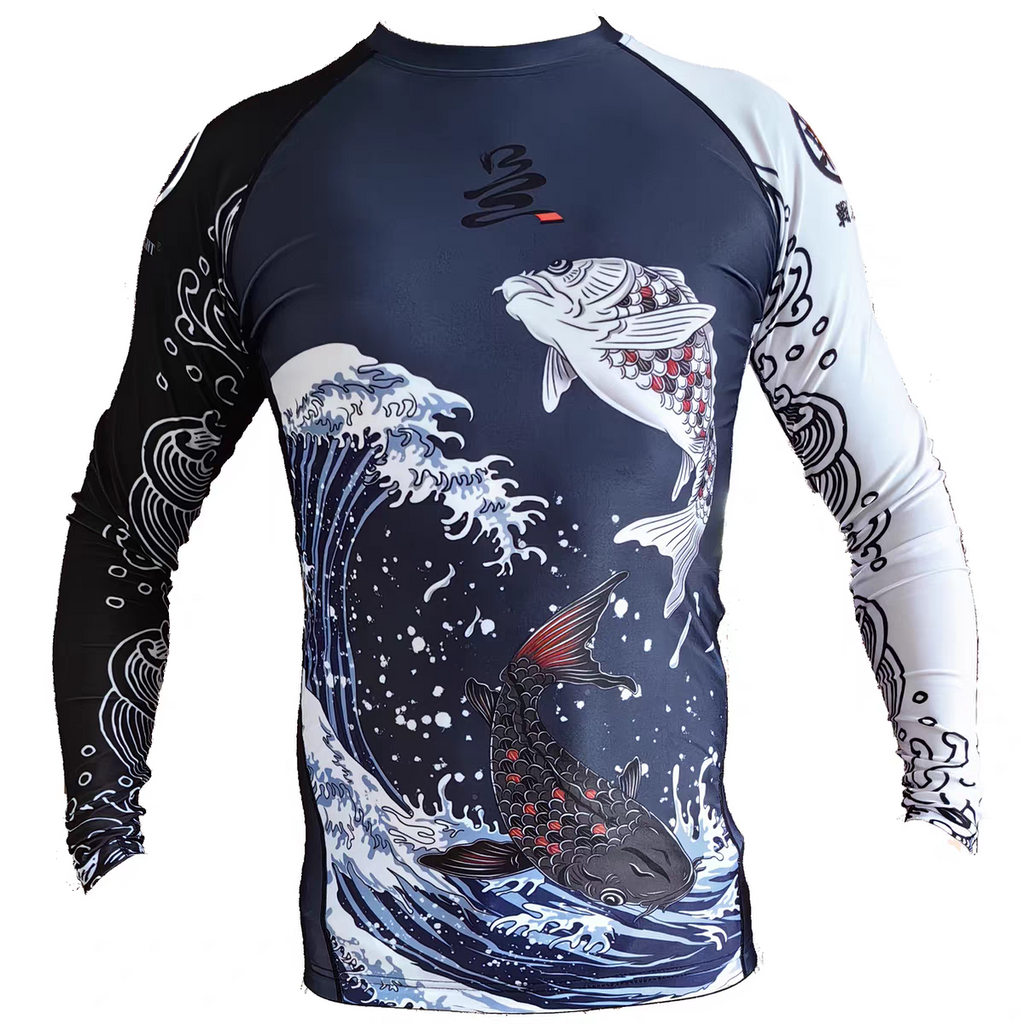 ZHAN Koi Wave Long Sleeve BJJ Rash Guard featuring a bold koi and wave design in black, white, and navy.