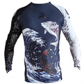 ZHAN Koi Wave Long Sleeve BJJ Rash Guard featuring a bold koi and wave design in black, white, and navy.