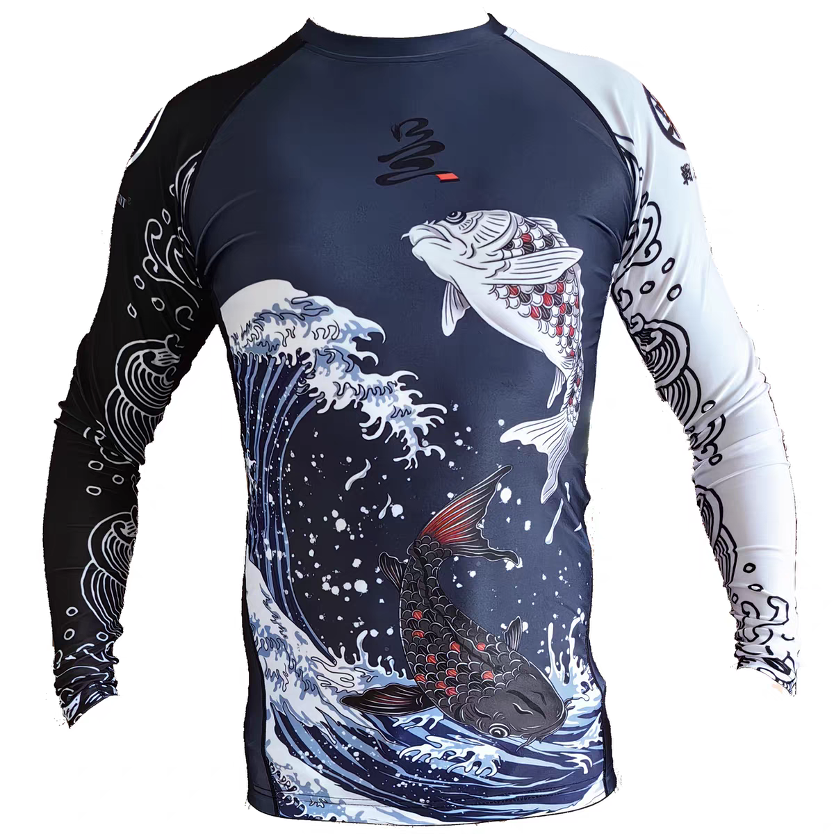 ZHAN Koi Wave Long Sleeve BJJ Rash Guard featuring a bold koi and wave design in black, white, and navy.