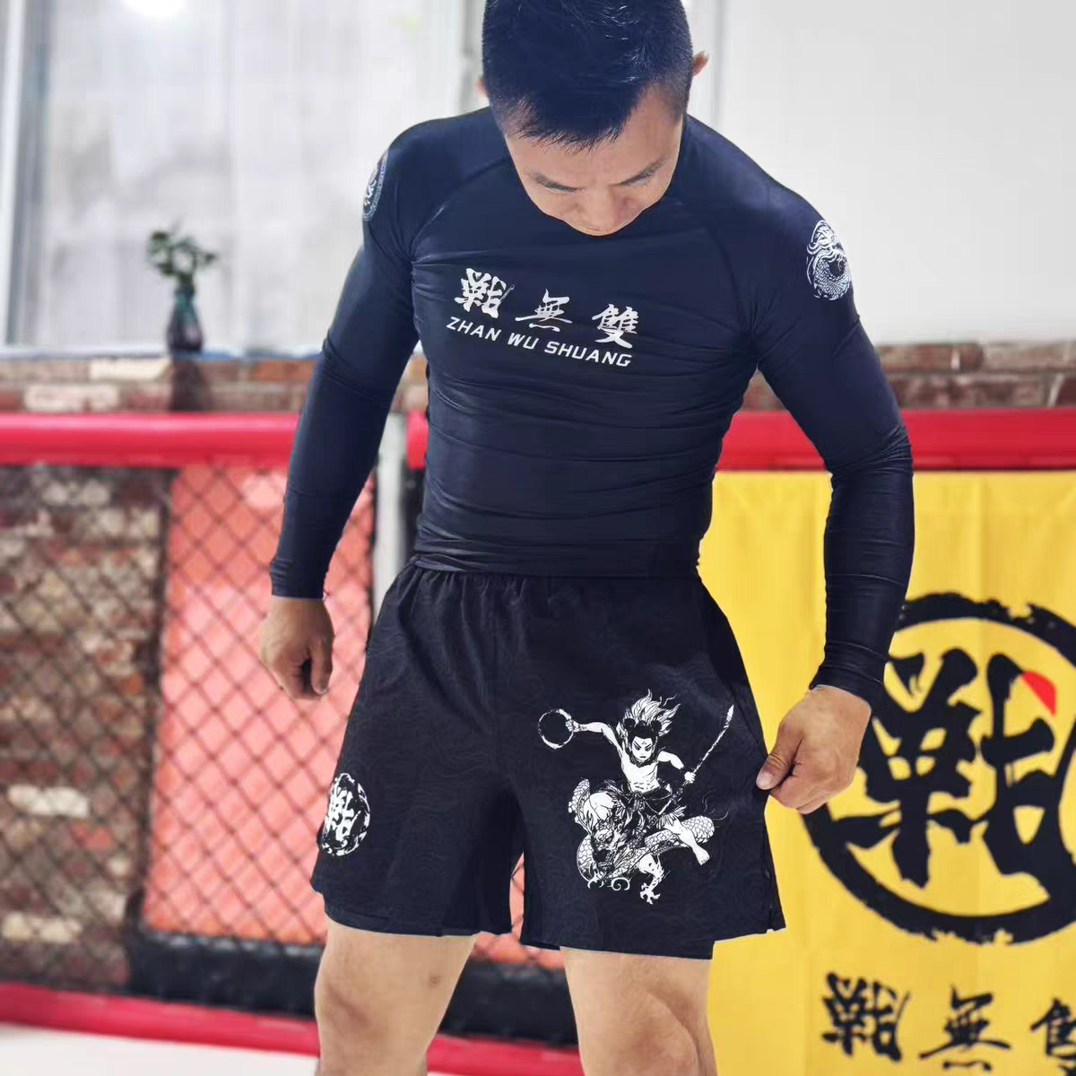 ZHAN Nezha Long Sleeve BJJ Rash Guard & No-Gi Shorts Set worn during grappling training.