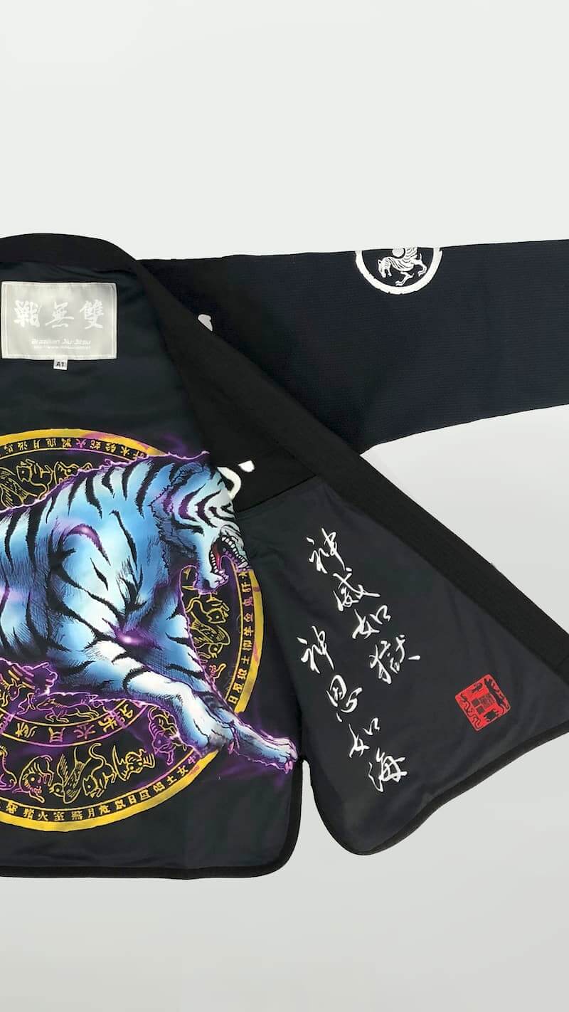 ZHAN White Tiger BJJ Gi featuring a vibrant tiger design and detailed embroidery, inspired by Eastern mythology.