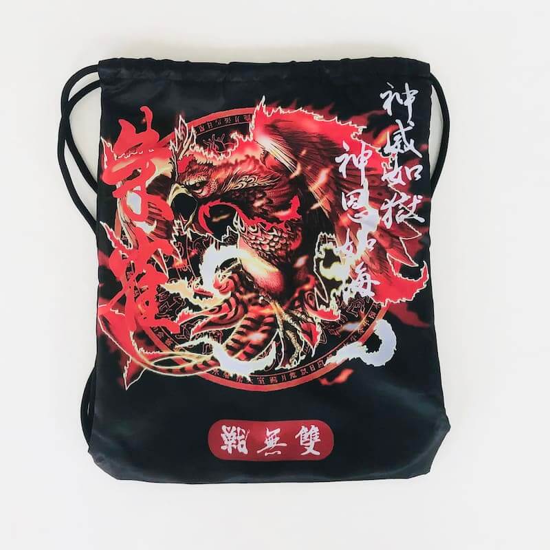 ZHAN Vermilion Phoenix BJJ Gi drawstring bag featuring vibrant phoenix-themed artwork and intricate designs.